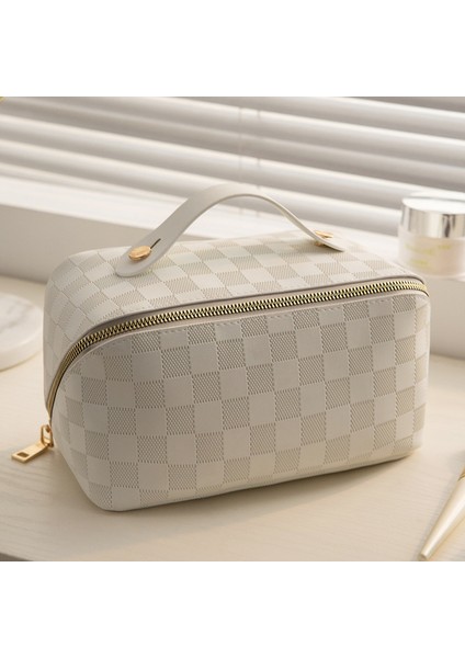 Kadınların Büyük Kapasiteli Taşınabilir Kozmetik Çantasıgirişseyahat Makyaj Saklama Çantası Yastık Çantası (Beyaz Kareli) (Yurt Dışından)