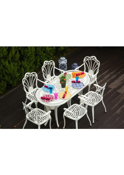 Ferforje Görünümlü Plastik Oval Istanbul Masa Sandalye Takımı 1 Masa 6 Sandalye Balkon, Bahçe Mobilyası