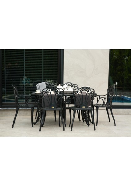 Ferforje Görünümlü Plastik Oval Istanbul Masa Sandalye Takımı 1 Masa 6 Sandalye Balkon, Bahçe Mobilyası fiyatları