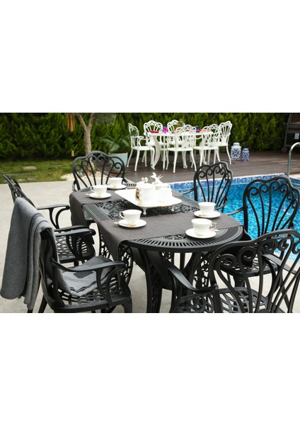 Ferforje Görünümlü Plastik Oval Istanbul Masa Sandalye Takımı 1 Masa 6 Sandalye Balkon, Bahçe Mobilyası modelleri