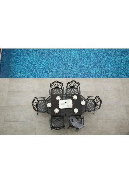 Ferforje Görünümlü Plastik Oval Istanbul Masa Sandalye Takımı 1 Masa 6 Sandalye Balkon, Bahçe Mobilyası indirimleri