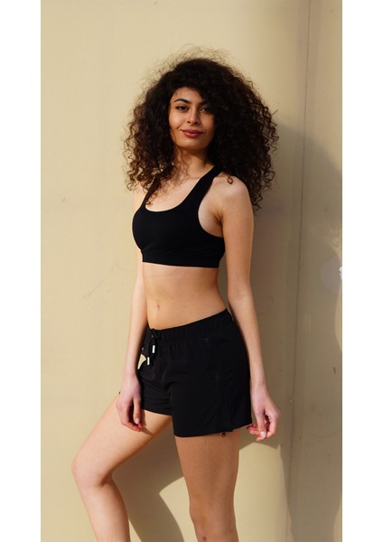 Kadın Siyah Düz Renk Iki Yan Fermuarlı Mini Boy Mayo Deniz Şortu