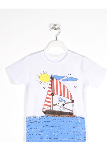 Bisiklet Yaka Kısa Kol Gemi Basılı Düğme Aksesuarlı Beyaz Renk Erkek Çocuk Tshirt