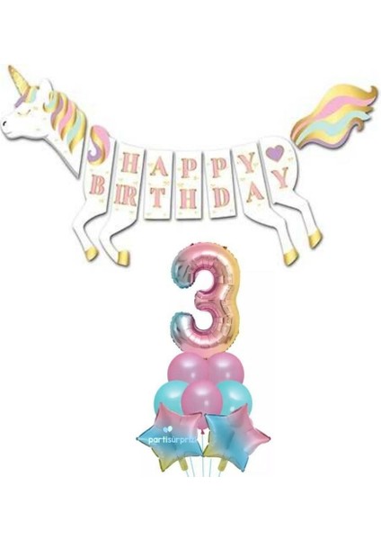 Unicorn 3 Yaş Happy Birthday Gökkuşağı
