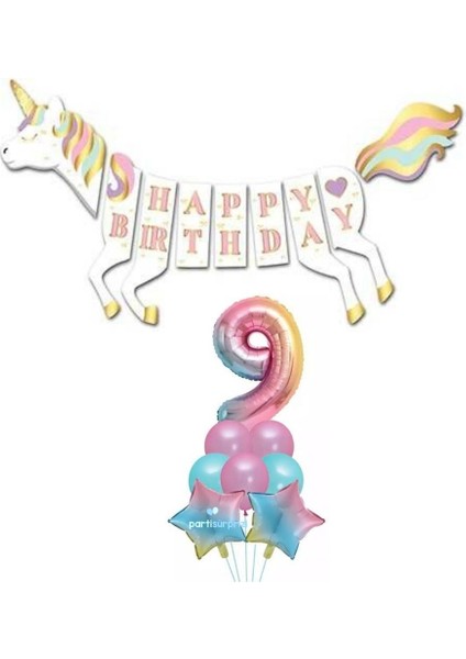 Unicorn 9 Yaş Happy Birthday Gökkuşağı