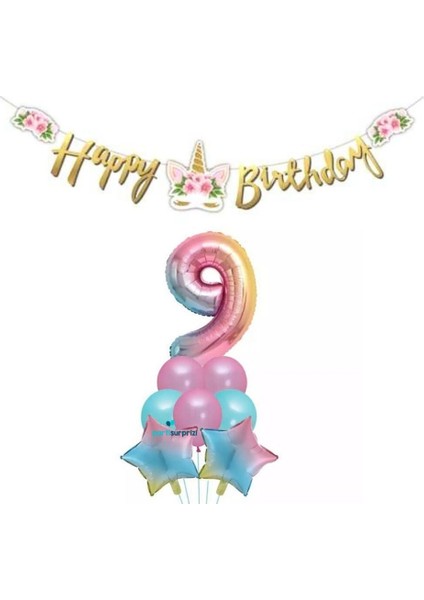 Çiçekli Unicorn 9 Yaş Gökkuşağı Balon Set