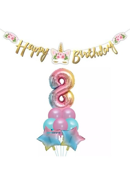 Çiçekli Unicorn 8yaş Gökkuşağı Balon Set