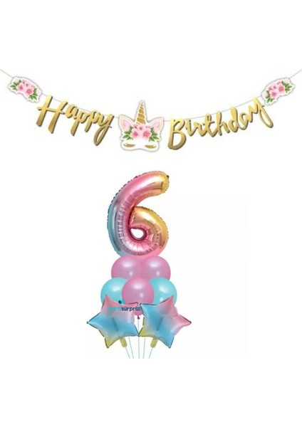 Çiçekli Unicorn 6 Yaş Gökkuşağı Balon Set