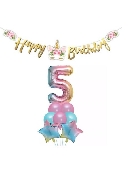 Çiçekli Unicorn 5 Yaş Gökkuşağı Balon Set