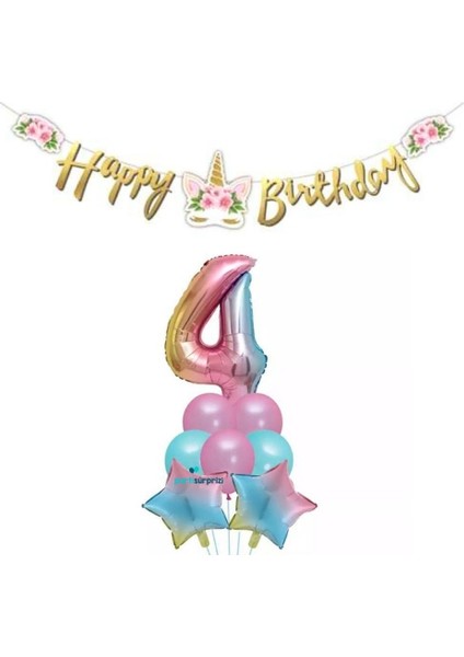 Çiçekli Unicorn 4 Yaş Gökkuşağı Balon Set