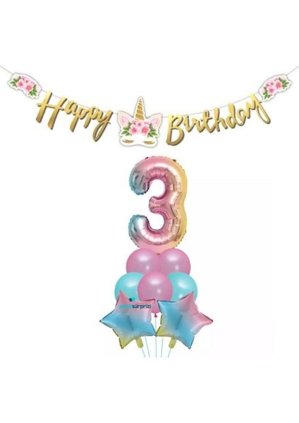 Çiçekli Unicorn 3 Yaş Gökkuşağı Balon Set