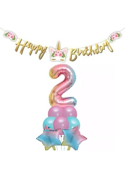 Çiçekli Unicorn 2 Yaş Gökkuşağı Balon Set