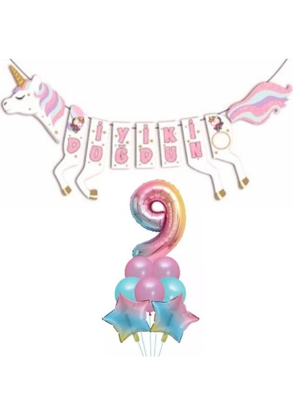 Şekilli Unicorn 9 Yaş Iyi Ki Doğdun Gökkuşağı Balonlu Set