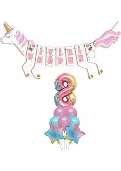 Şekilli Unicorn 8 Yaş Iyi Ki Doğdun Gökkuşağı Balonlu Set