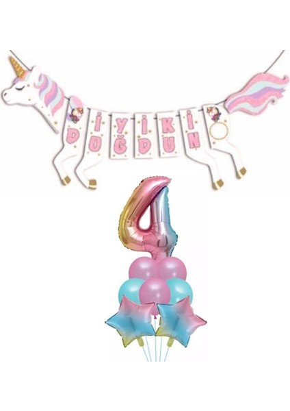 Şekilli Unicorn 4 Yaş Iyi Ki Doğdun Gökkuşağı Balonlu Set