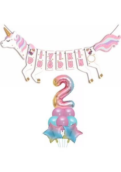 Şekilli Unicorn 2 Yaş Iyi Ki Doğdun Gökkuşağı Balonlu Set