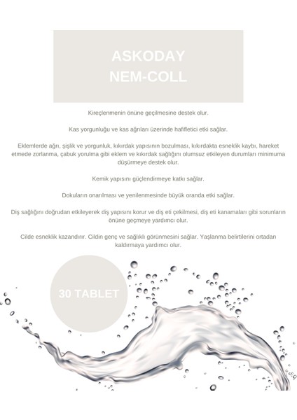 Yumurta Kabuğu Ekstresi, Hidrolize ve Vitaminler Içeren Komplex Gıda Takviyesi 30 Tablet Askoday Nem-Coll