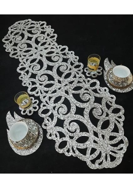 Simli RUNNER/100X33CM/IŞILTILI/S.DERİ/2 Adet Yaprak MOTİFİ,2ADET Çiçek Motifi Hediyeli