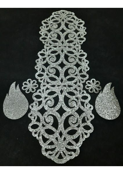 Simli RUNNER/100X33CM/IŞILTILI/S.DERİ/2 Adet Yaprak MOTİFİ,2ADET Çiçek Motifi Hediyeli