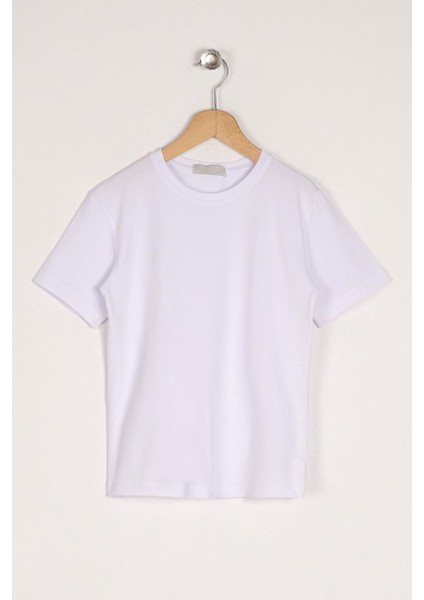 Bisiklet Yaka Kısa Kol Baskısız Beyaz Renk Kız Çocuk Tshirt
