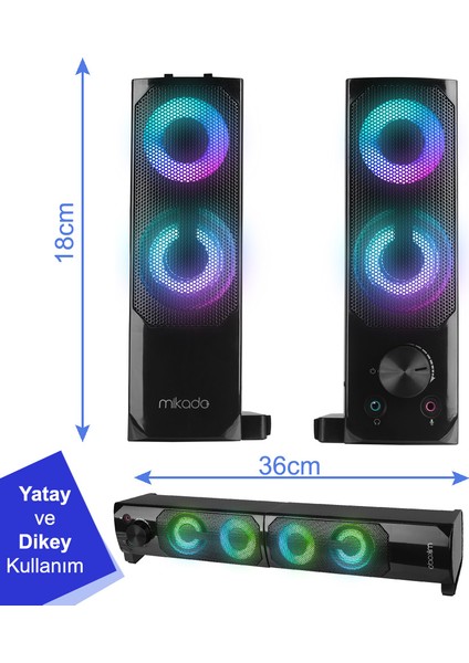 MD-S102 Rgb LED Işıklı Siyah USB Soundbar Speaker Bilgisayar Hoparlörü 2.0 3WX2CH Yatay/dikey Kullanım…