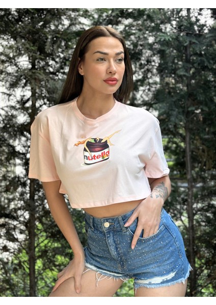 Kadın Pembe Bisiklet Yaka Baskılı Oversize Crop T-Shirt