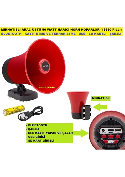 Mıknatıslı Araç Üstü (Bluetooth - USB -Sd Kartlı - Şarjlı) 18650 Pilli 50 Watt Harici Horn Hoparlör