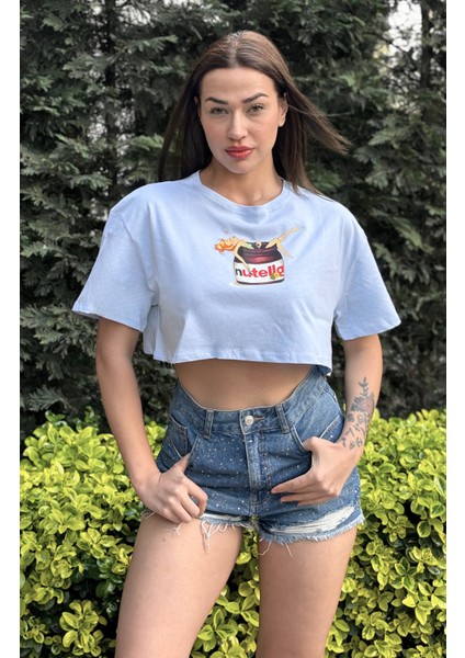 Kadın Mavi Bisiklet Yaka Baskılı Oversize Crop T-Shirt