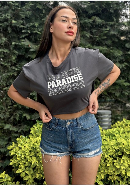 Kadın Antrasit Bisiklet Yaka Baskılı Oversize Crop T-Shirt