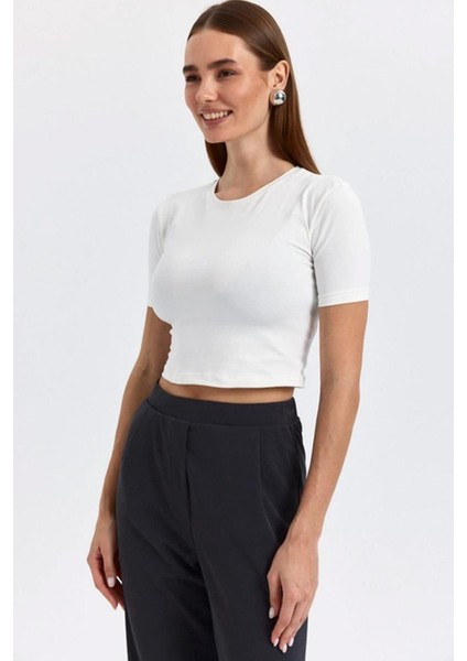 Kadın Ekru Bisiklet Yaka Full Likra Ribana Kısa Tişört fiyatları