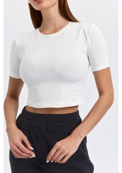 Kadın Ekru Bisiklet Yaka Full Likra Ribana Kısa Tişört fırsatları