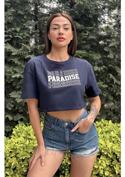 Kadın Lacivert Bisiklet Yaka Baskılı Oversize Crop T-Shirt