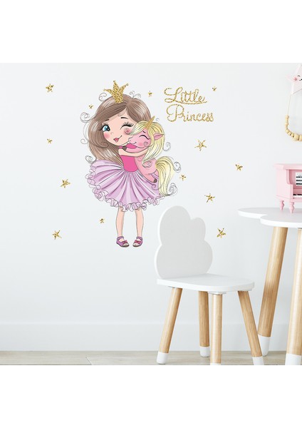 Q Stili Karikatür Küçük Prenses ve Tek Boynuzlu At Duvar Çıkartmaları Vinil Dekoratif Duvar Çıkartmaları Kreş Duvar Posteri Bebek Kız Yatak Odası Dekorasyon (Yurt Dışından) modelleri