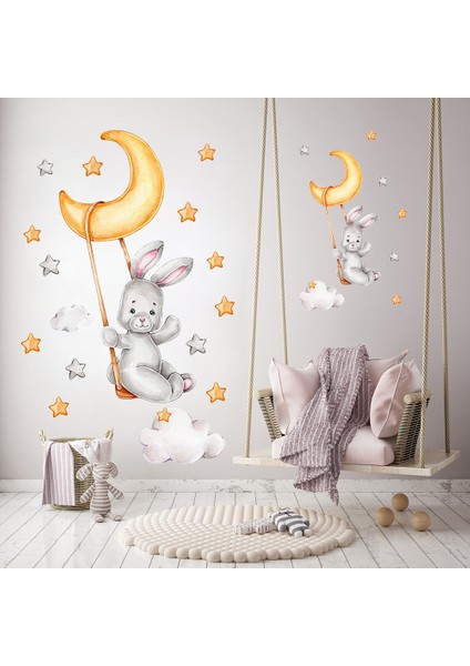 CT357-12 Tarzı 20X60CM Karikatür Tavşan Ay ve Yıldızlar Duvar Çıkartmaları Çocuk Odası Için Bebek Odası Dekorasyon Hayvanlar Duvar Çıkartmaları Kız Erkek Yatak Odası Duvar Kağıdı (Yurt Dışından)