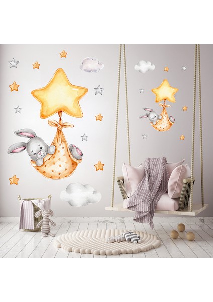 CT357-12 Tarzı 20X60CM Karikatür Tavşan Ay ve Yıldızlar Duvar Çıkartmaları Çocuk Odası Için Bebek Odası Dekorasyon Hayvanlar Duvar Çıkartmaları Kız Erkek Yatak Odası Duvar Kağıdı (Yurt Dışından)