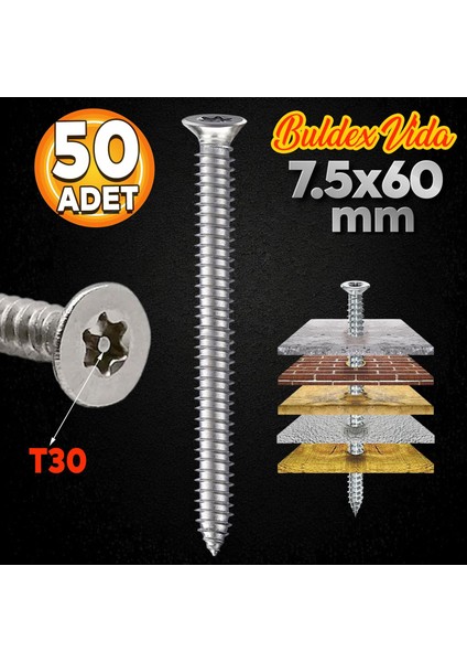 Buldex Vida 7.5X60 mm 50 Adet Sivri Uçlu Dübelsiz Beton Vidası Tork Duvar Vidası Buldeks