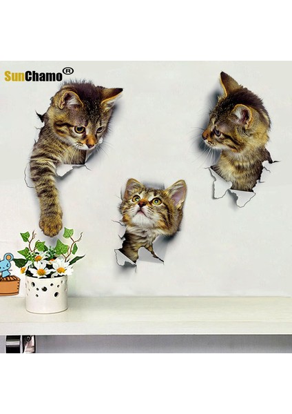 XP2004 Stili Sunchamo Sevimli Kedi 3D Kırık Tuvalet Etiket Duvar Çıkartmaları Buzdolabı Araba Koltuğu Dıy Oturma Banyo Odası Ev Dekor Wallstickers Yatak Odası (Yurt Dışından) modelleri