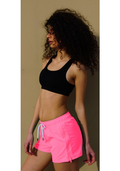 Kadın Pembe Düz Renk Iki Yan Fermuarlı Mini Boy Mayo Deniz Şortu