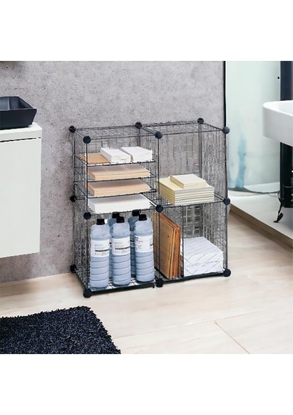 4 Bölmeli Tel Küp Çok Amaçlı Organizer Raf Siyah 33CM Mutfak, Oyuncak, Kiler, Depolama Rafı