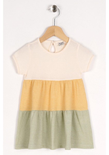 Bisiklet Yaka Kısa Kol Cıft Renklı Parcalı Cagla Yesil Renk Kız Çocuk Elbıse