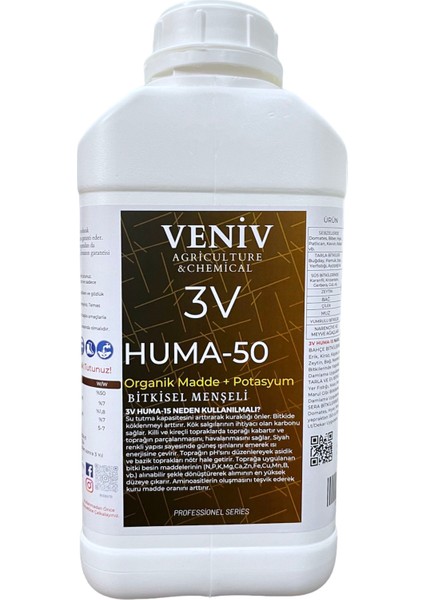 Veniv Agriculture 3V Huma-50 Organik Madde %50 Hümik Asit Organik Karbon-Köklendirici Besin- Yüksek Yoğunluk 5l