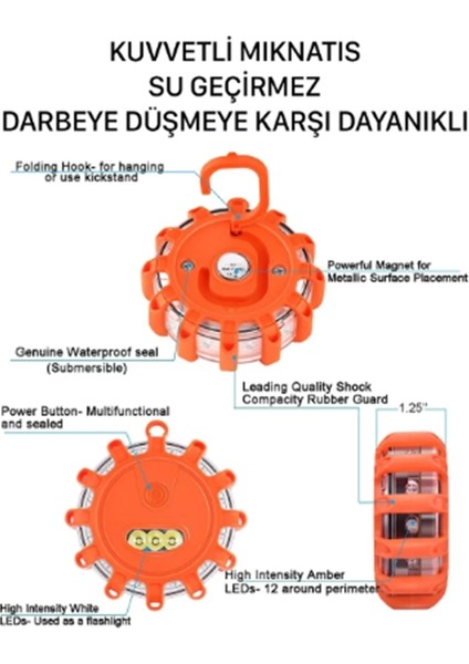 9 Mod Araç Iş Makinesi Kamyon Acil Durum Ikaz Lambası +Fener Özelliği Su Geçimez - Mıknatıslı 1 Adet