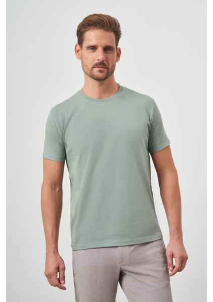 Erkek Çağla Yeşili Basic Bisiklet Yaka Dynamic Fit T-Shirt