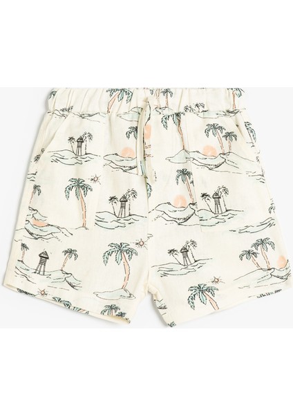Keten Şort Beli Lastikli Cepli Palmiye Baskılı