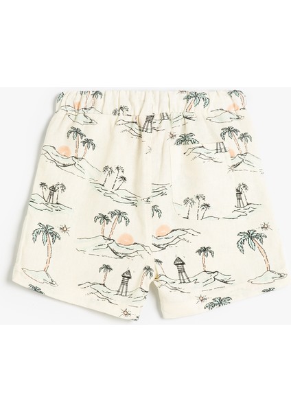 Keten Şort Beli Lastikli Cepli Palmiye Baskılı fiyatları