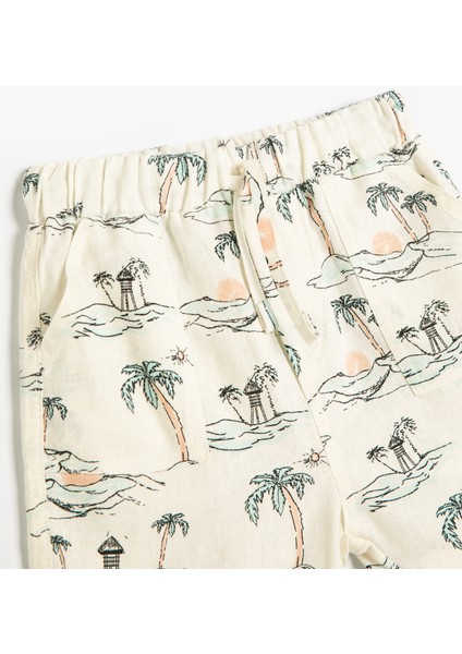 Keten Şort Beli Lastikli Cepli Palmiye Baskılı modelleri