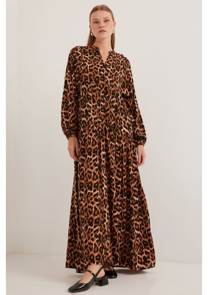 Kadın Kahverengi Bej Viskon Tesettür Elbise 2423