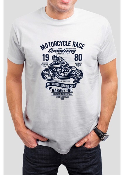 Motorcycle Baskılı Beyaz Unisex Tişört C318