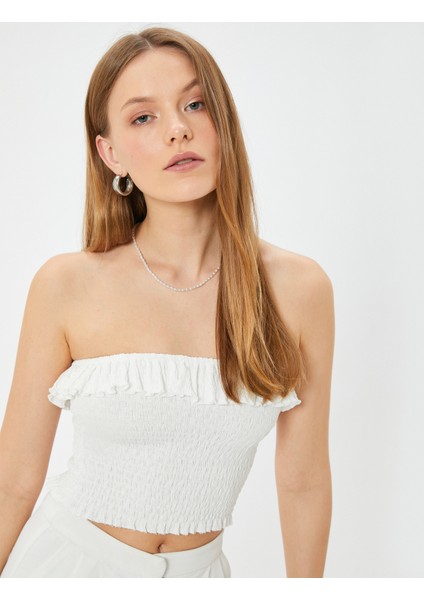 Fırfırlı Crop Straplez Üst Gipe Detaylı