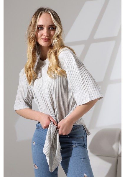 Oversize Yırtmaçlı Raporlu Tunik T-Shirt 21493 Karmelanj